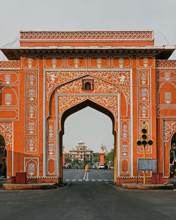 Ornate pink sandstone gateway in Jaipur