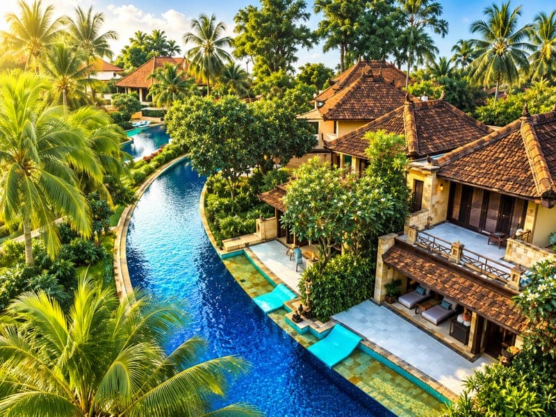 Resort villas beside a winding pool surrounded by palms in Kerala